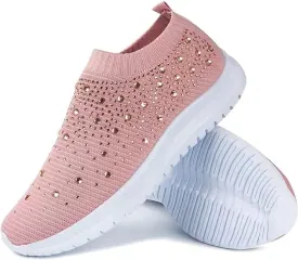 AngryMonkey Women's Rhinestones Mesh Sport Slip-on Shoes,Non Slip Good Arch Breathable Lightweight Casual Sock Sneaker Nurse Shoes