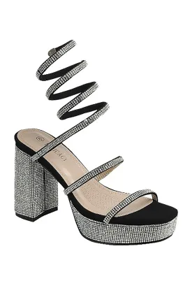 Black Rhinestone Detail Block Heel