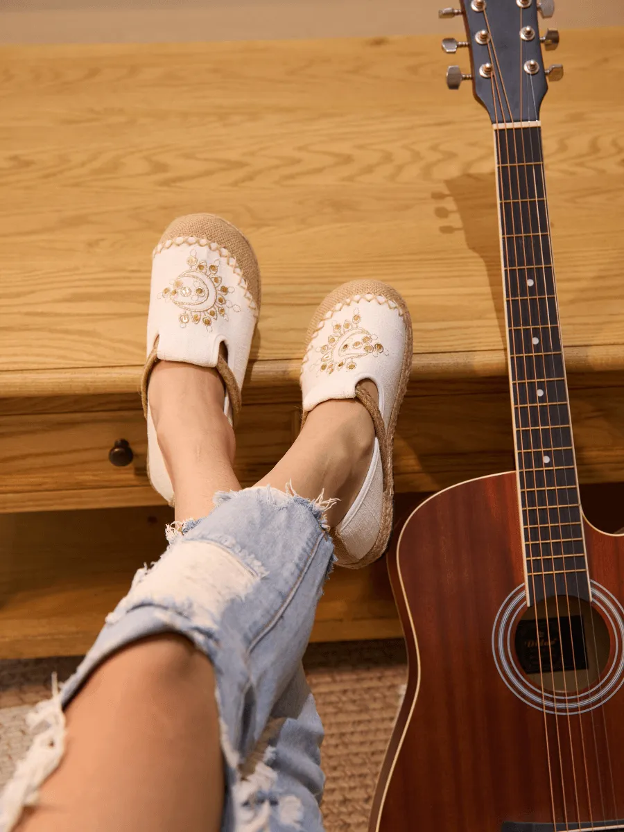 Cactus Rose | Blooming Moon Embroidered Linen Espadrilles - Cream