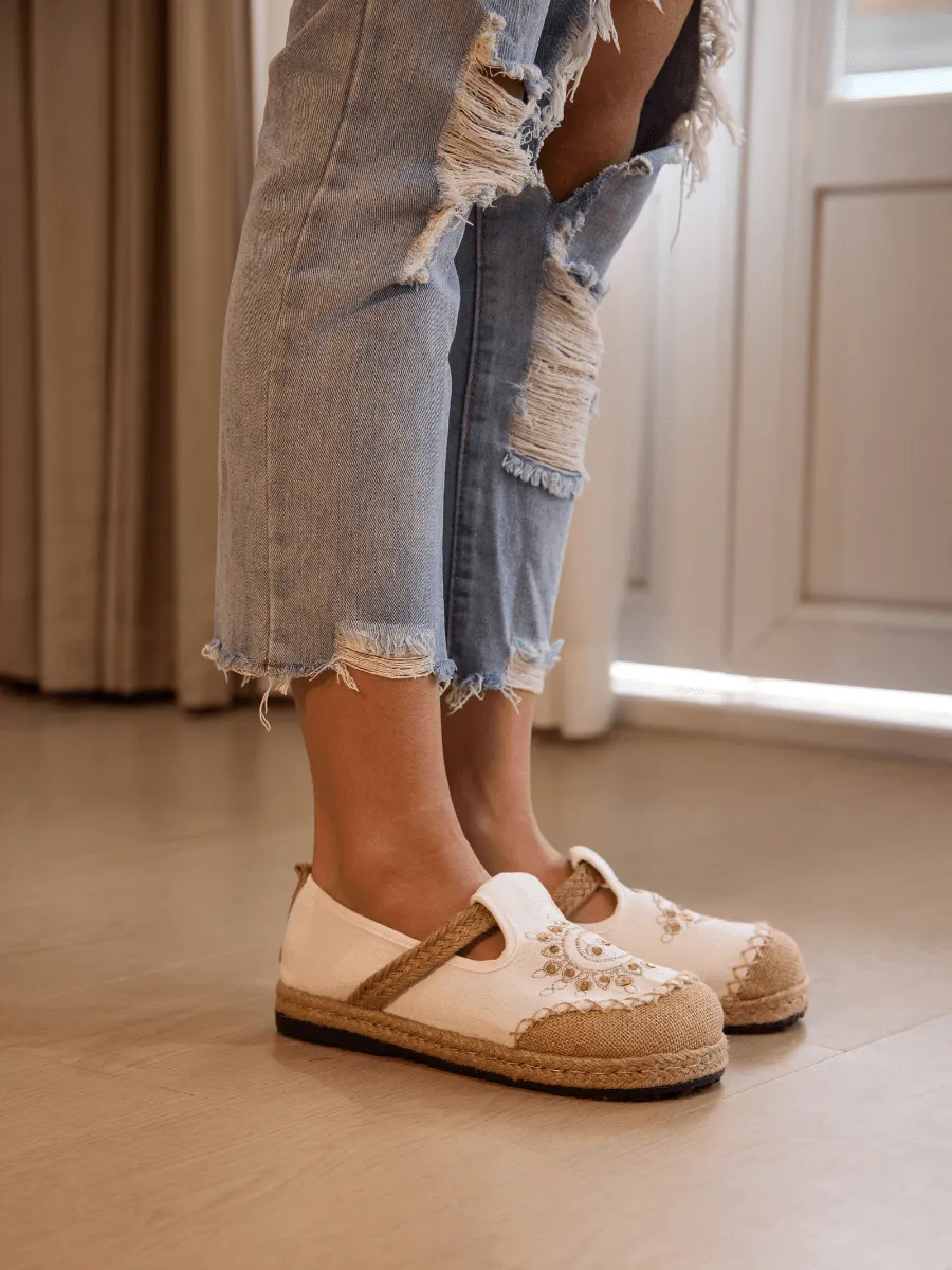 Cactus Rose | Blooming Moon Embroidered Linen Espadrilles - Cream