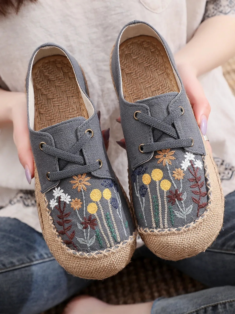 Cactus Rose | Garden Embroidered Linen Boat Shoes Espadrilles - Grey