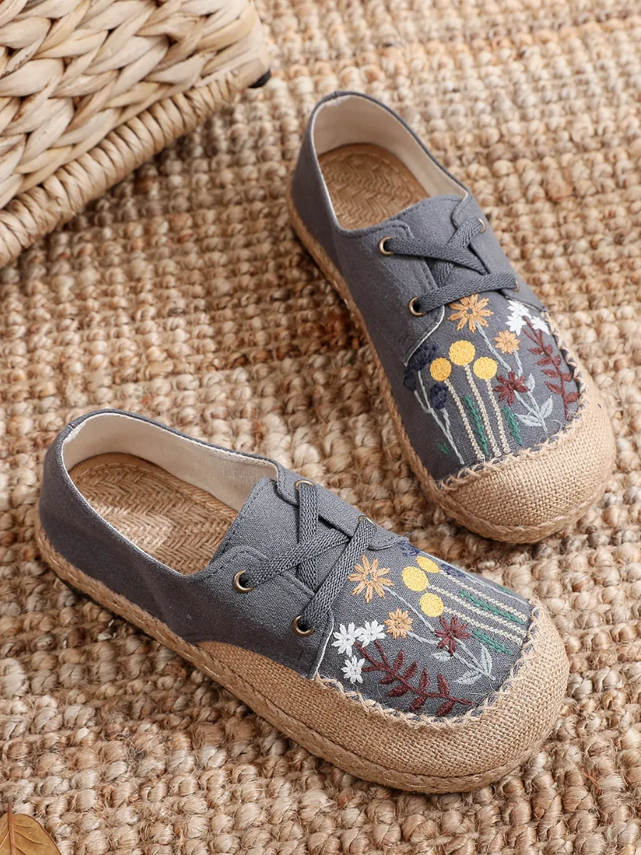 Cactus Rose | Garden Embroidered Linen Boat Shoes Espadrilles - Grey