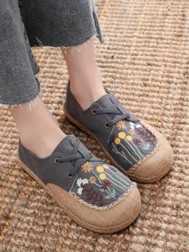 Cactus Rose | Garden Embroidered Linen Boat Shoes Espadrilles - Grey
