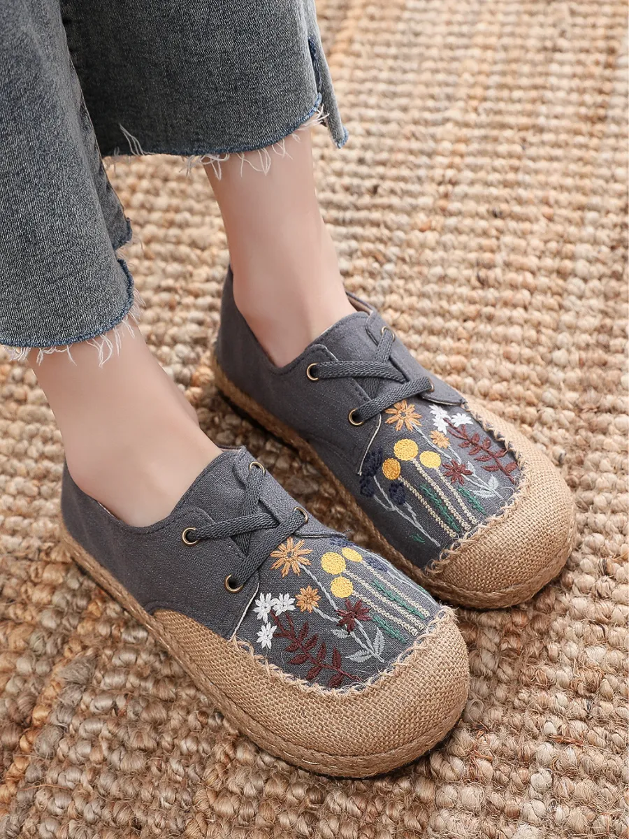 Cactus Rose | Garden Embroidered Linen Boat Shoes Espadrilles - Grey