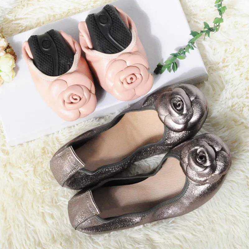 Camellia Genuine Leather Slip On Ballet Flats