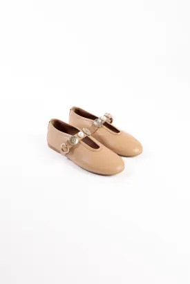 CLARICE CAMEL- Leather Ballet Flats with Embellished Strap
