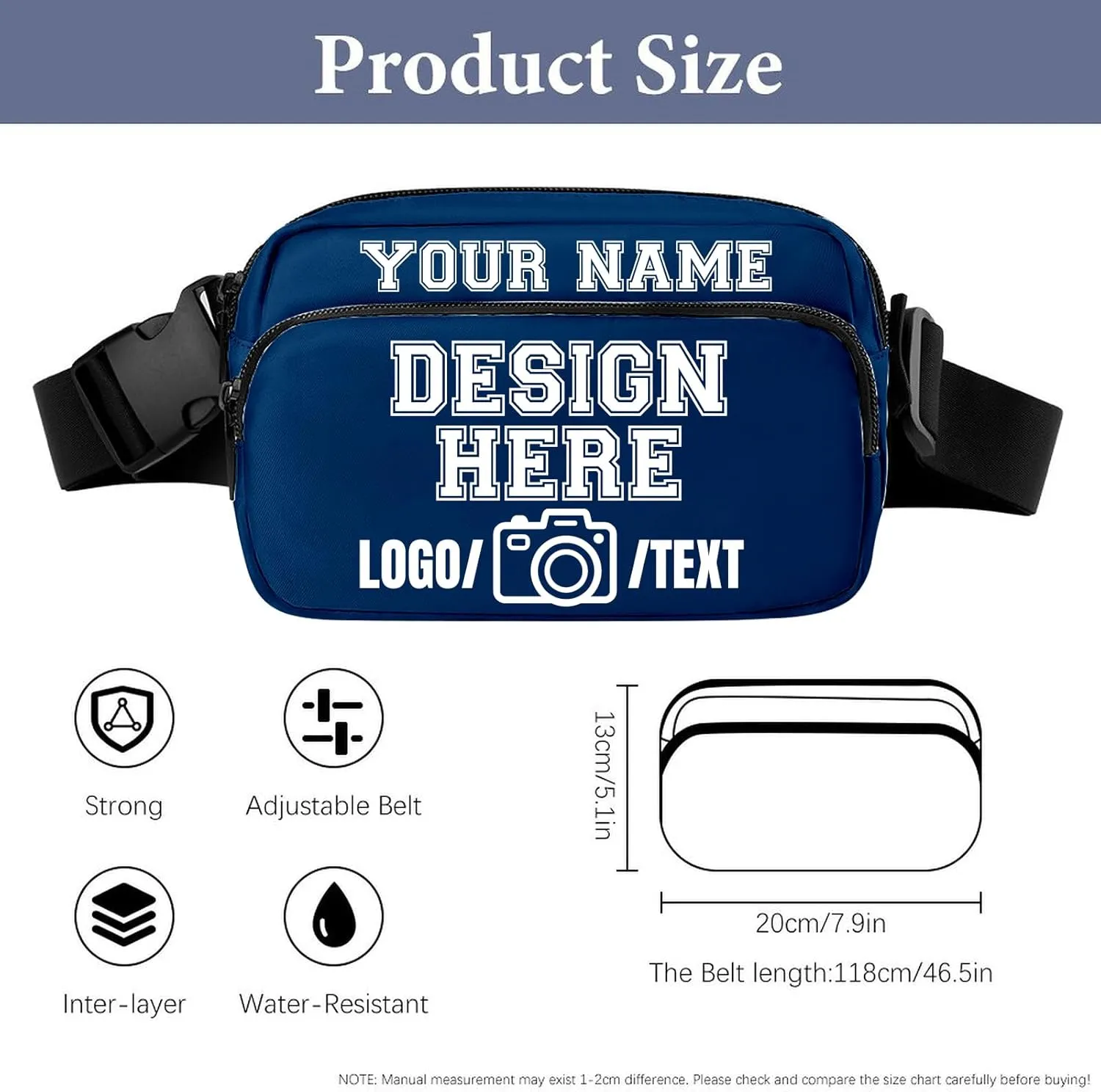 Fanny Pack for Women Men Customize Funny Fanny Packs for Girl Boy Make Your Own Customizable Belt Bag with Text BLUE Personalized Bag Gift for Sport Workout Running Hiking Travel
