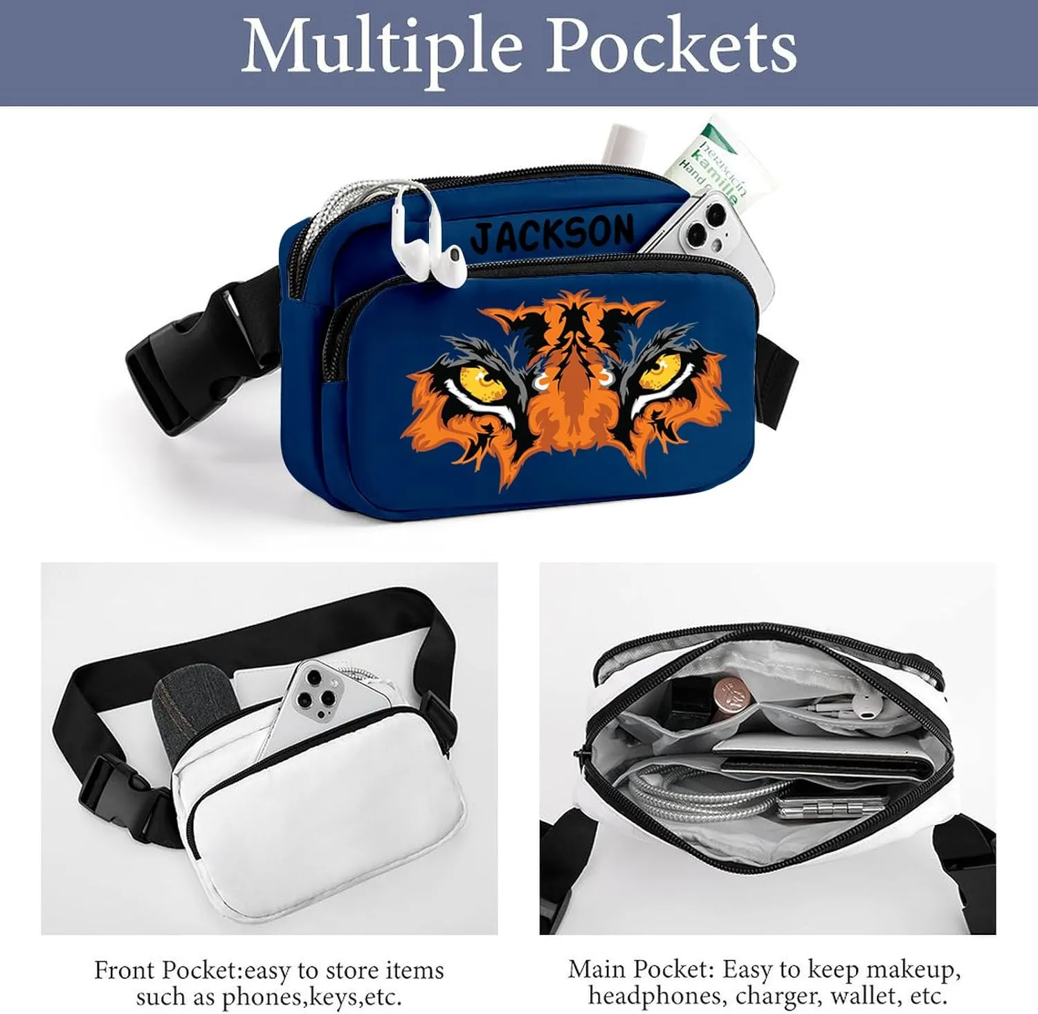 Fanny Pack for Women Men Customize Funny Fanny Packs for Girl Boy Make Your Own Customizable Belt Bag with Text BLUE Personalized Bag Gift for Sport Workout Running Hiking Travel