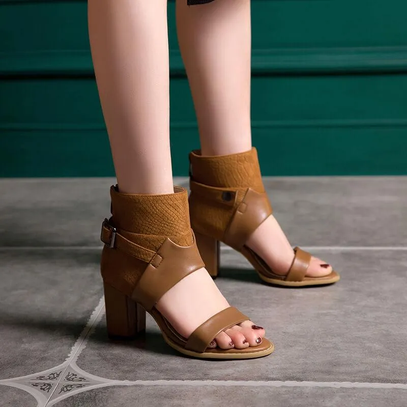 Fashion Open Toe PU Buckle Chunky Heel Sandals