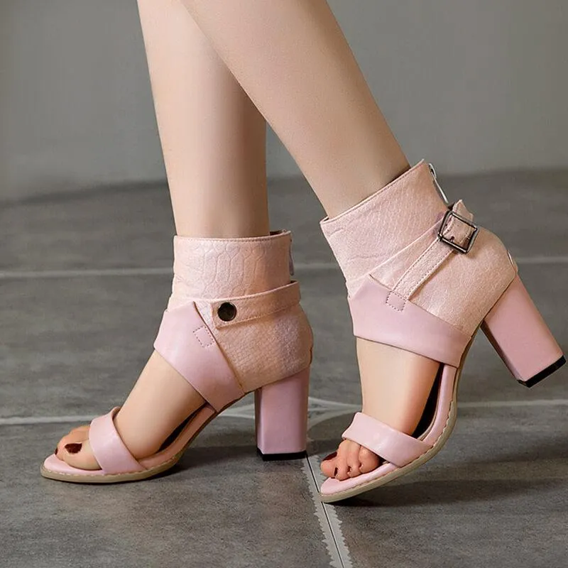 Fashion Open Toe PU Buckle Chunky Heel Sandals