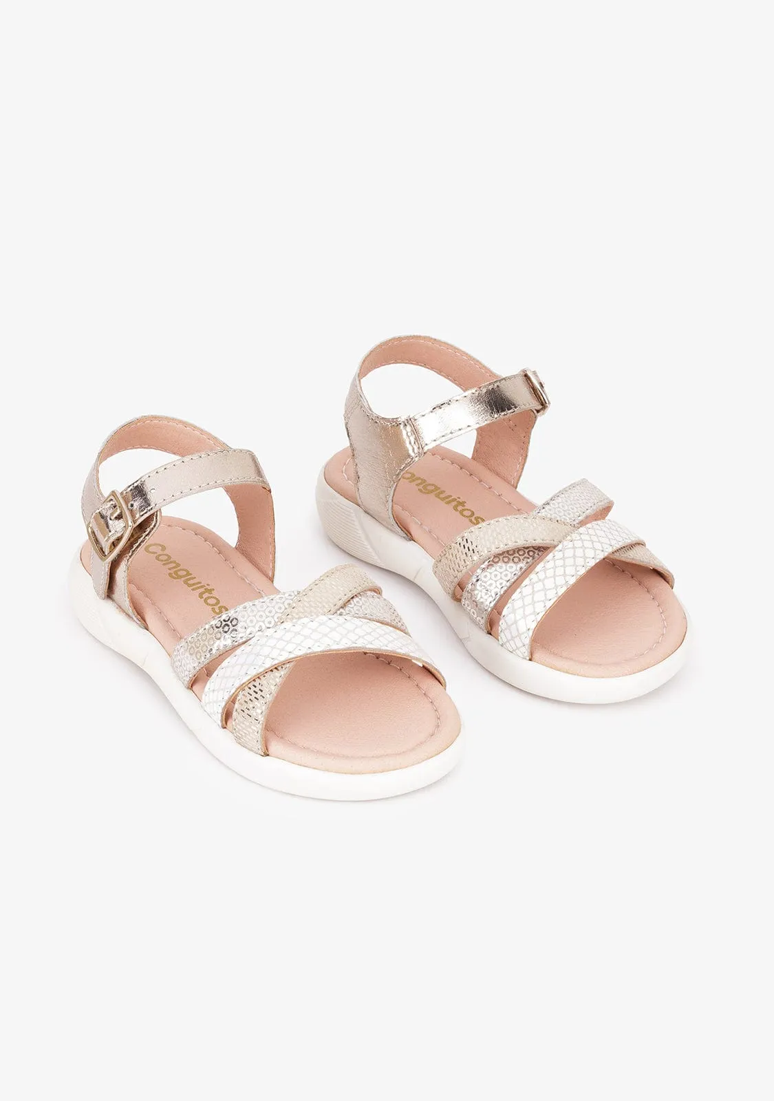Girl's Platinum Printed Leather Sandals