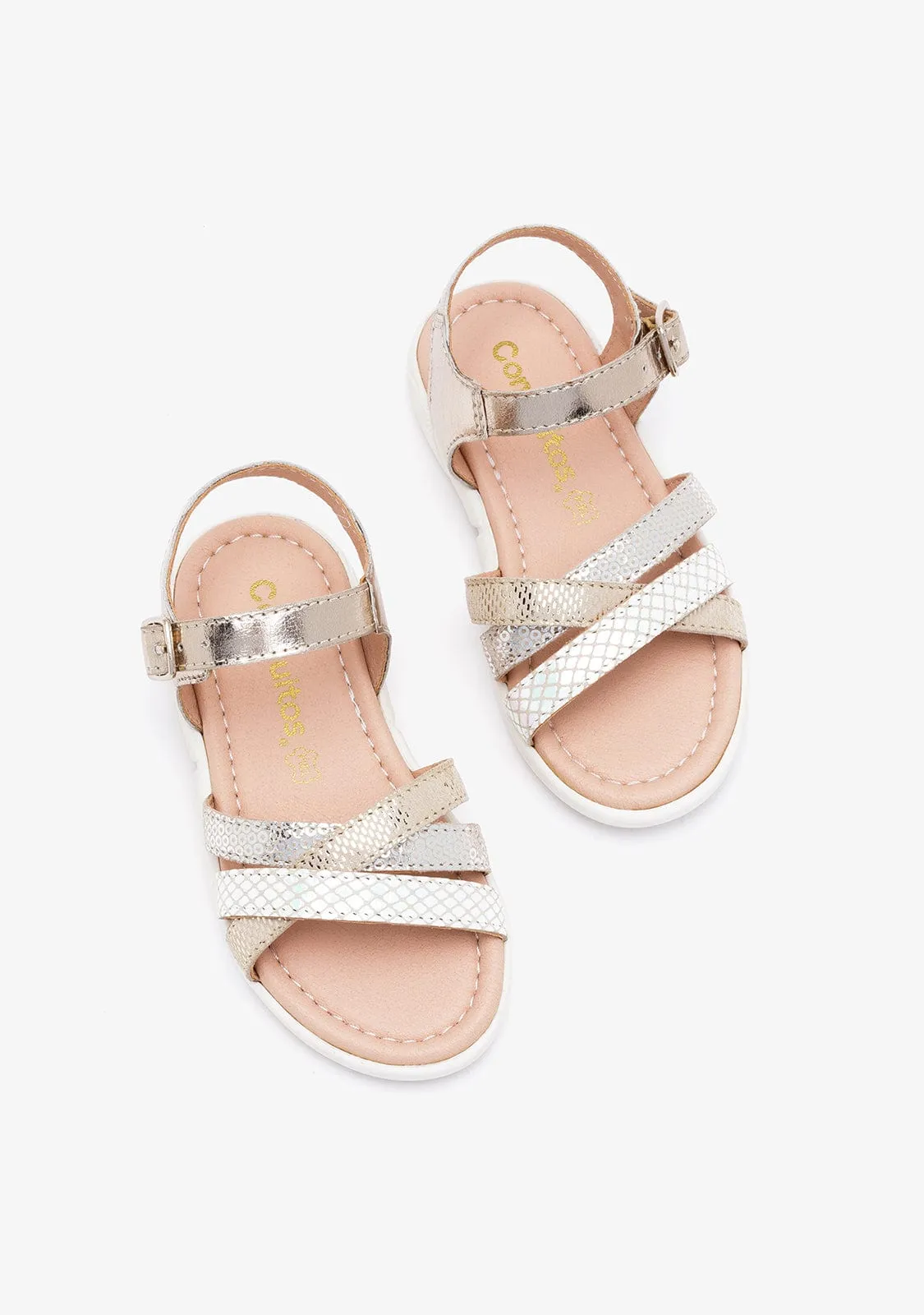Girl's Platinum Printed Leather Sandals