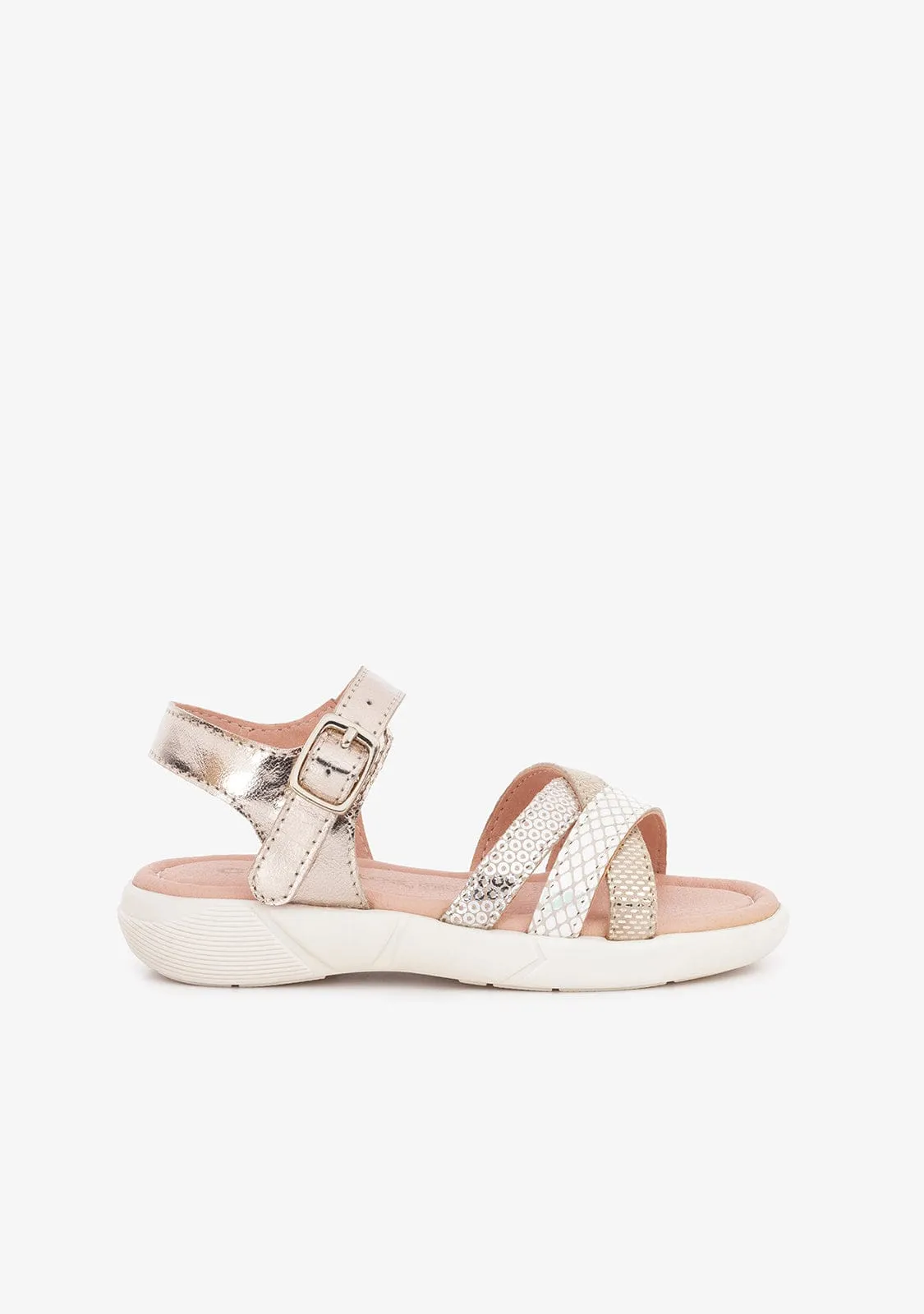Girl's Platinum Printed Leather Sandals