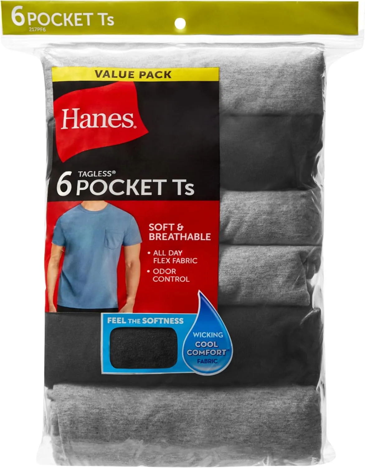 Hanes T-Shirt 6-Pack, Stay-Tucked Soft Cotton, Best Undershirts for Men, Assorted Pocket Tees