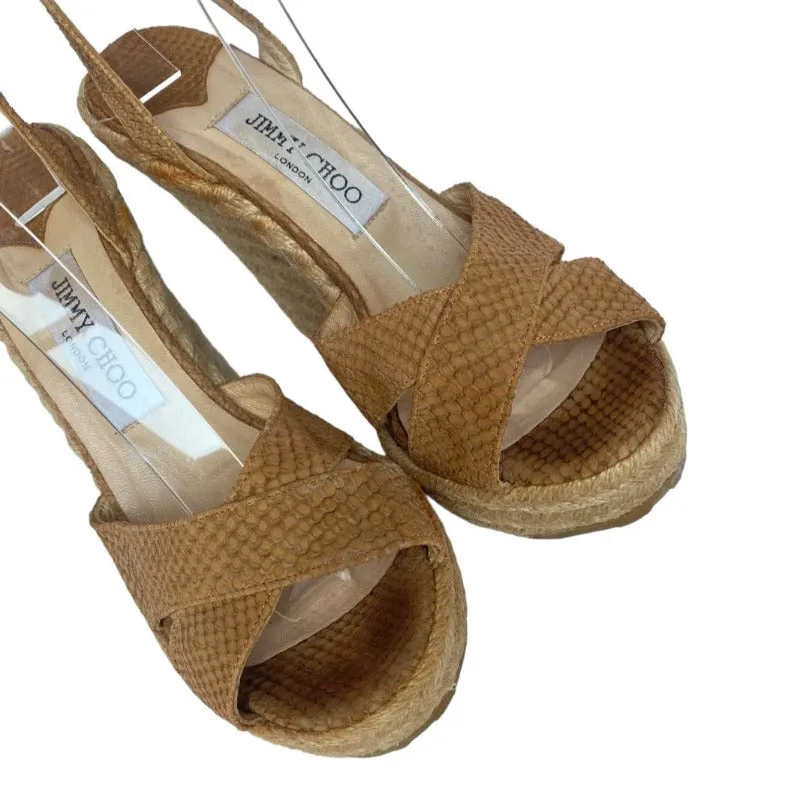 JIMMY CHOO Phoenix Brown Embossed Straw Espadrille Ankle Strap Wedges, Size 38.5