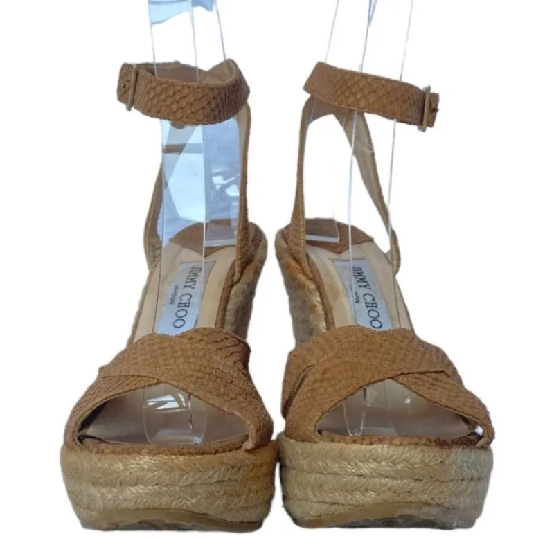 JIMMY CHOO Phoenix Brown Embossed Straw Espadrille Ankle Strap Wedges, Size 38.5