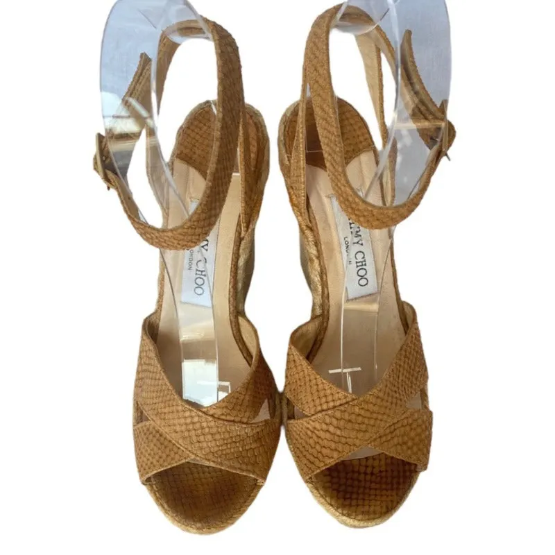 JIMMY CHOO Phoenix Brown Embossed Straw Espadrille Ankle Strap Wedges, Size 38.5