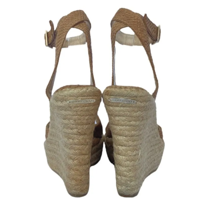 JIMMY CHOO Phoenix Brown Embossed Straw Espadrille Ankle Strap Wedges, Size 38.5
