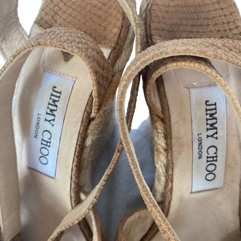 JIMMY CHOO Phoenix Brown Embossed Straw Espadrille Ankle Strap Wedges, Size 38.5