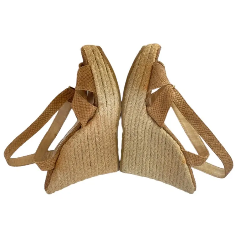 JIMMY CHOO Phoenix Brown Embossed Straw Espadrille Ankle Strap Wedges, Size 38.5