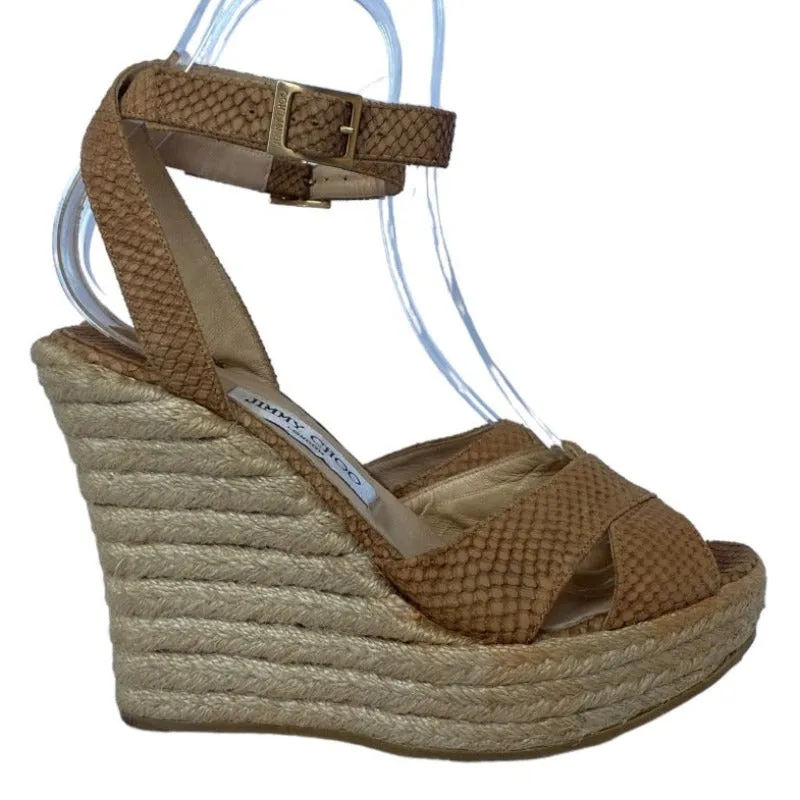 JIMMY CHOO Phoenix Brown Embossed Straw Espadrille Ankle Strap Wedges, Size 38.5
