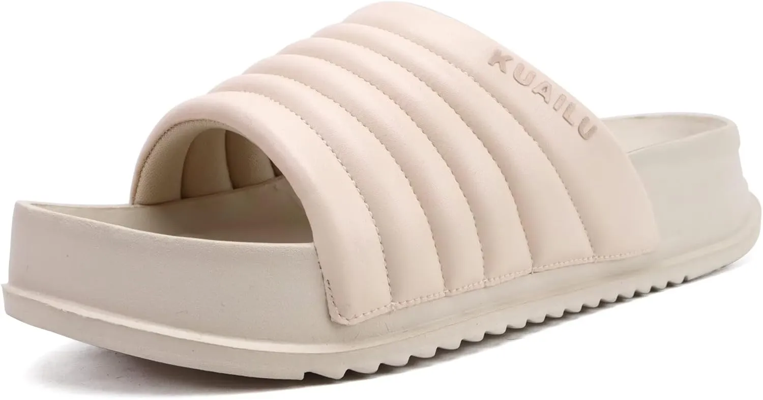 KuaiLu Womens Sandals with Arch Support Orthopedic Comfortable Lightweight Cushion Recovery Slides Summer Fashion Leather Casual Womans Plantar Fasciitis Sandals for Indoor&Outdoor (US Size 6-12)