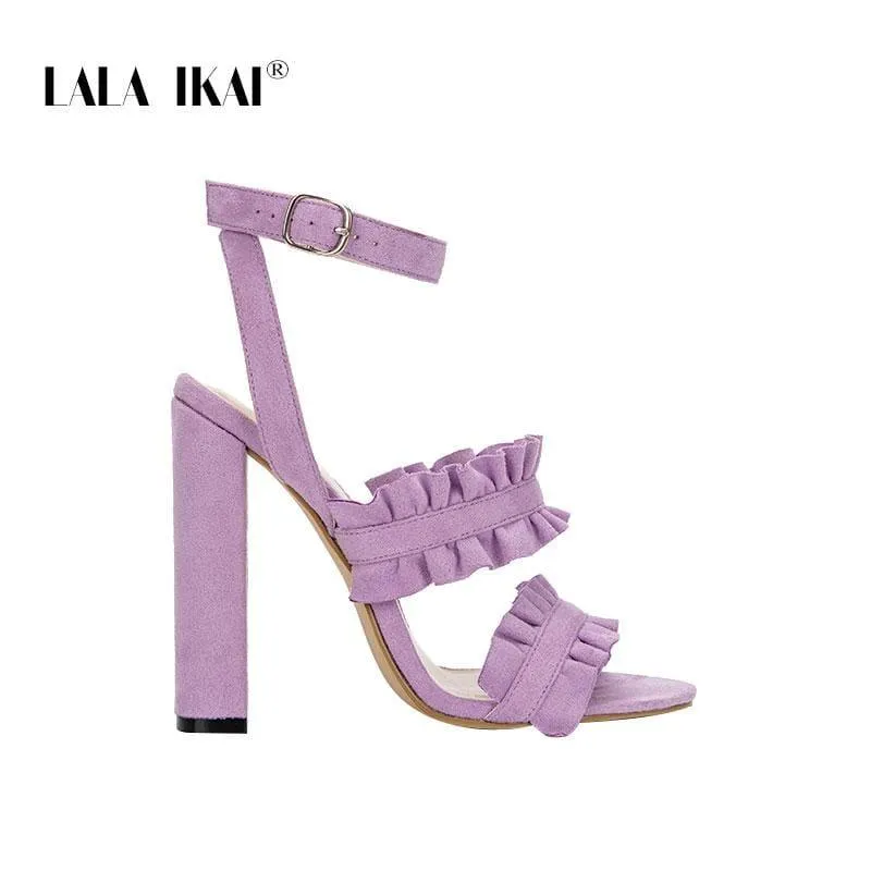 LALA IKAI Women Ruffles Square Heel Solid Fashion Buckle Strap Ladies Sandals