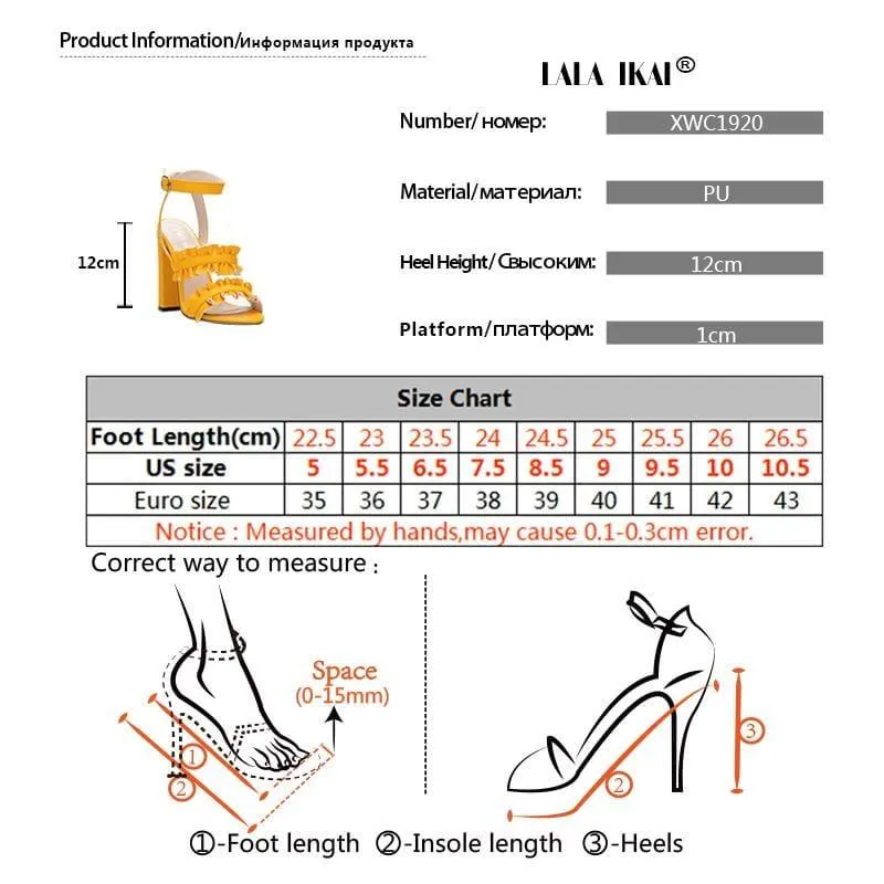 LALA IKAI Women Ruffles Square Heel Solid Fashion Buckle Strap Ladies Sandals