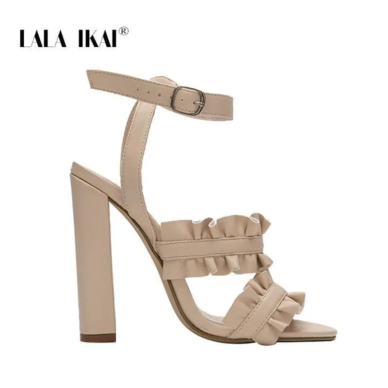 LALA IKAI Women Ruffles Square Heel Solid Fashion Buckle Strap Ladies Sandals