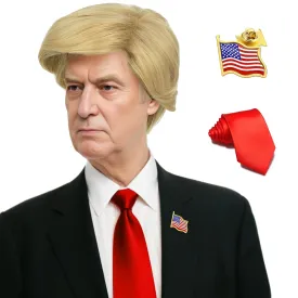 Men's Blonde Billionaire Wig for Presidential Costume - Funny Celebrity Wigs with Red Tie and Flag Pin for Halloween Party (Adult)