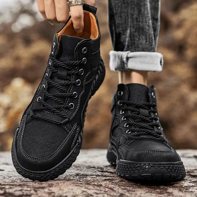 Men's High-Top Hiking Non-Slip Plush-Lined Genuine Leather Winter Snow Boots