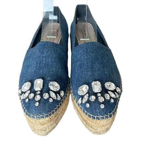 MIU MIU Blue Denim Fabric Crystal Embellished Platform Espadrille Flats, 36.5