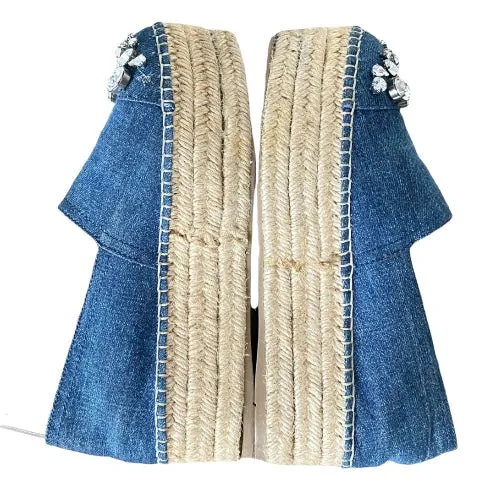 MIU MIU Blue Denim Fabric Crystal Embellished Platform Espadrille Flats, 36.5
