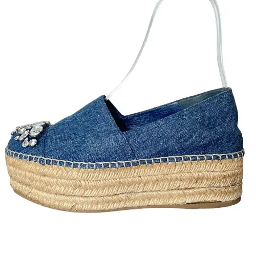 MIU MIU Blue Denim Fabric Crystal Embellished Platform Espadrille Flats, 36.5