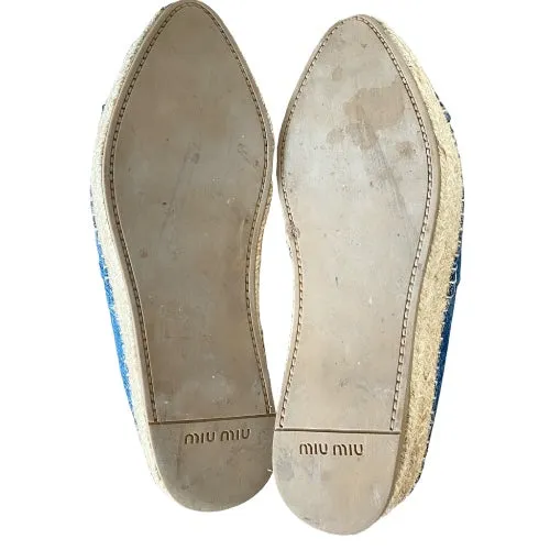 MIU MIU Blue Denim Fabric Crystal Embellished Platform Espadrille Flats, 36.5