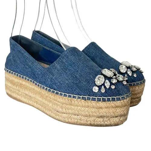 MIU MIU Blue Denim Fabric Crystal Embellished Platform Espadrille Flats, 36.5