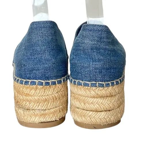 MIU MIU Blue Denim Fabric Crystal Embellished Platform Espadrille Flats, 36.5