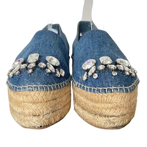 MIU MIU Blue Denim Fabric Crystal Embellished Platform Espadrille Flats, 36.5