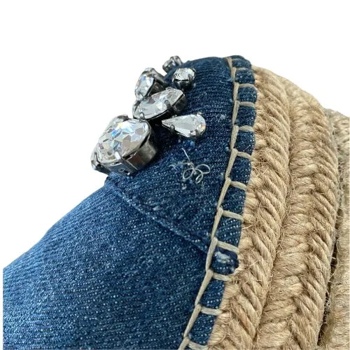 MIU MIU Blue Denim Fabric Crystal Embellished Platform Espadrille Flats, 36.5