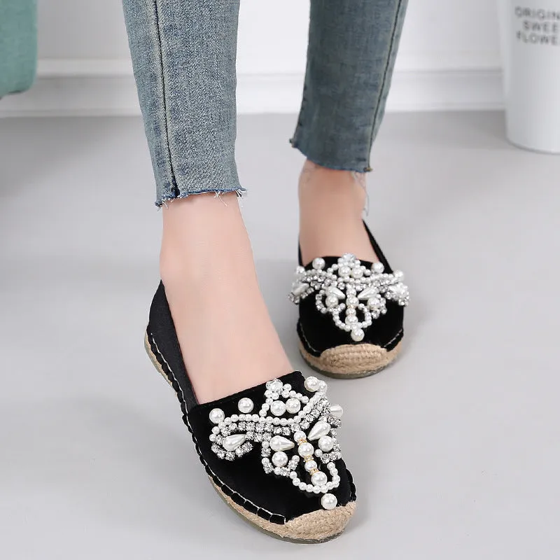 pearl beading espadrilles shoes woman straw flats crystal flower loafers women fisherman creepers moccasins