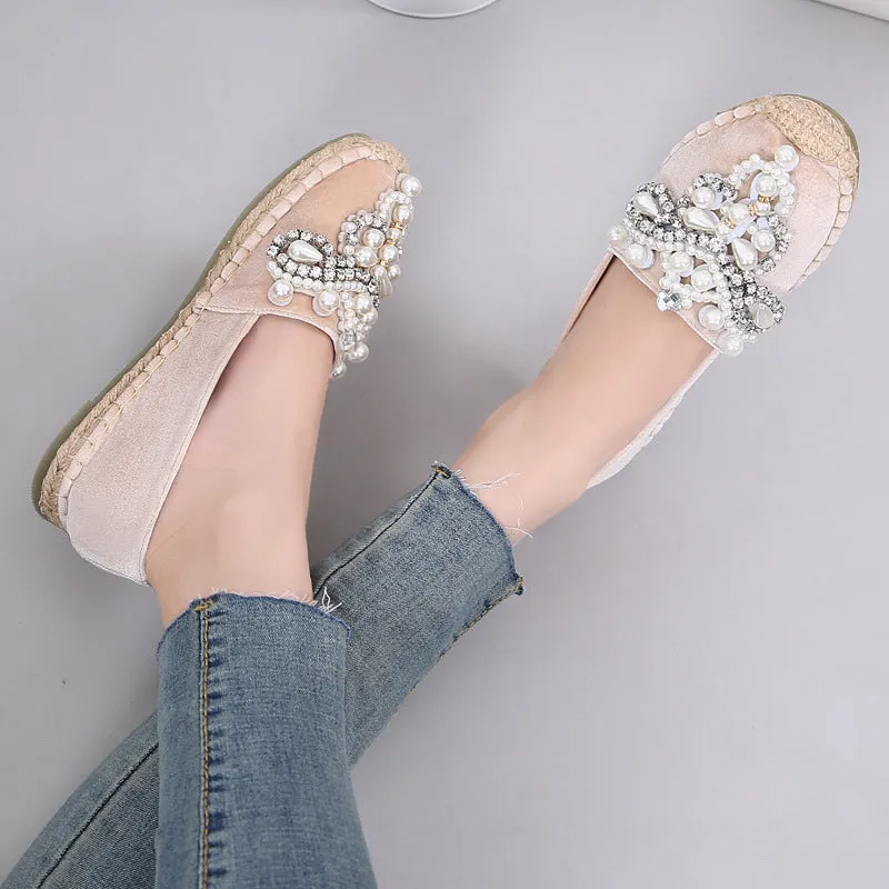 pearl beading espadrilles shoes woman straw flats crystal flower loafers women fisherman creepers moccasins