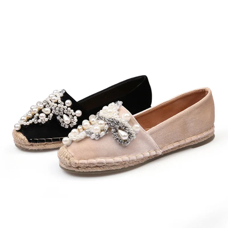 pearl beading espadrilles shoes woman straw flats crystal flower loafers women fisherman creepers moccasins