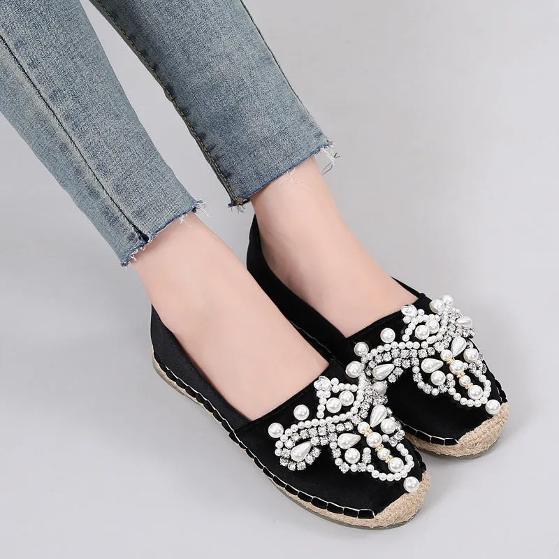 pearl beading espadrilles shoes woman straw flats crystal flower loafers women fisherman creepers moccasins