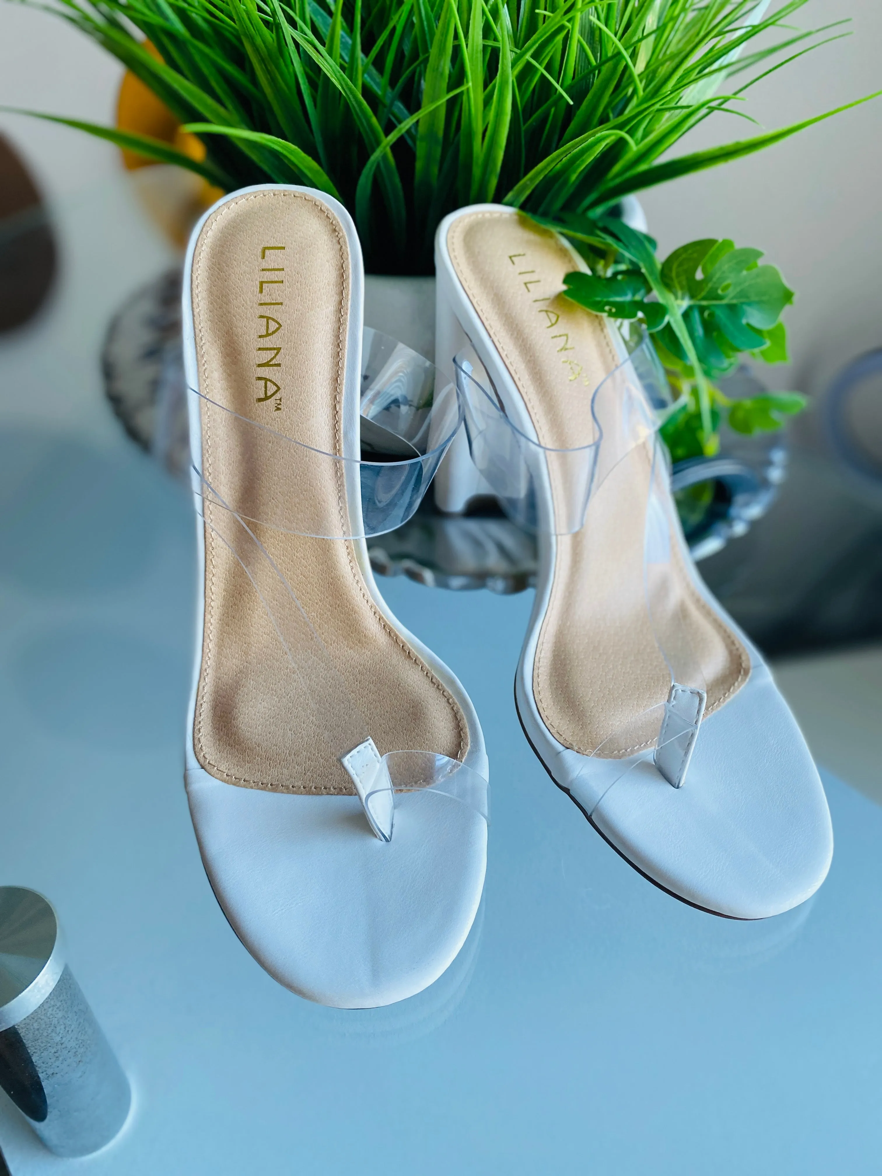 "Daline" White Thong Toe Heeled Sandals