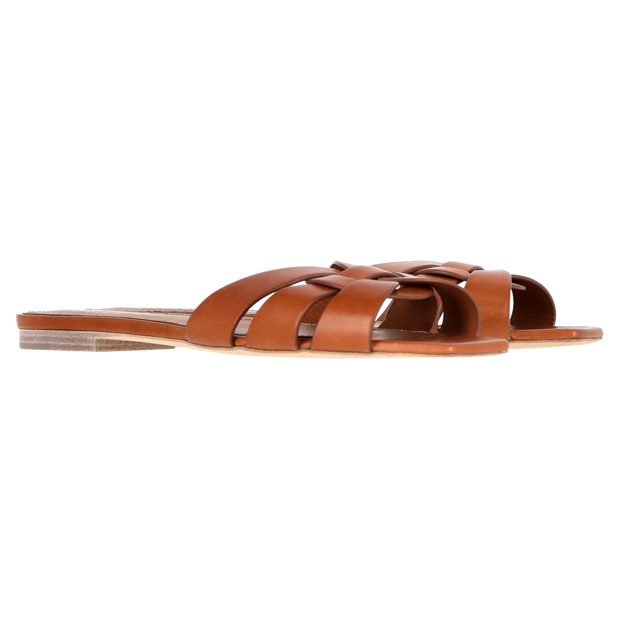Saint Laurent Tribute Woven Slides in Brown Leather