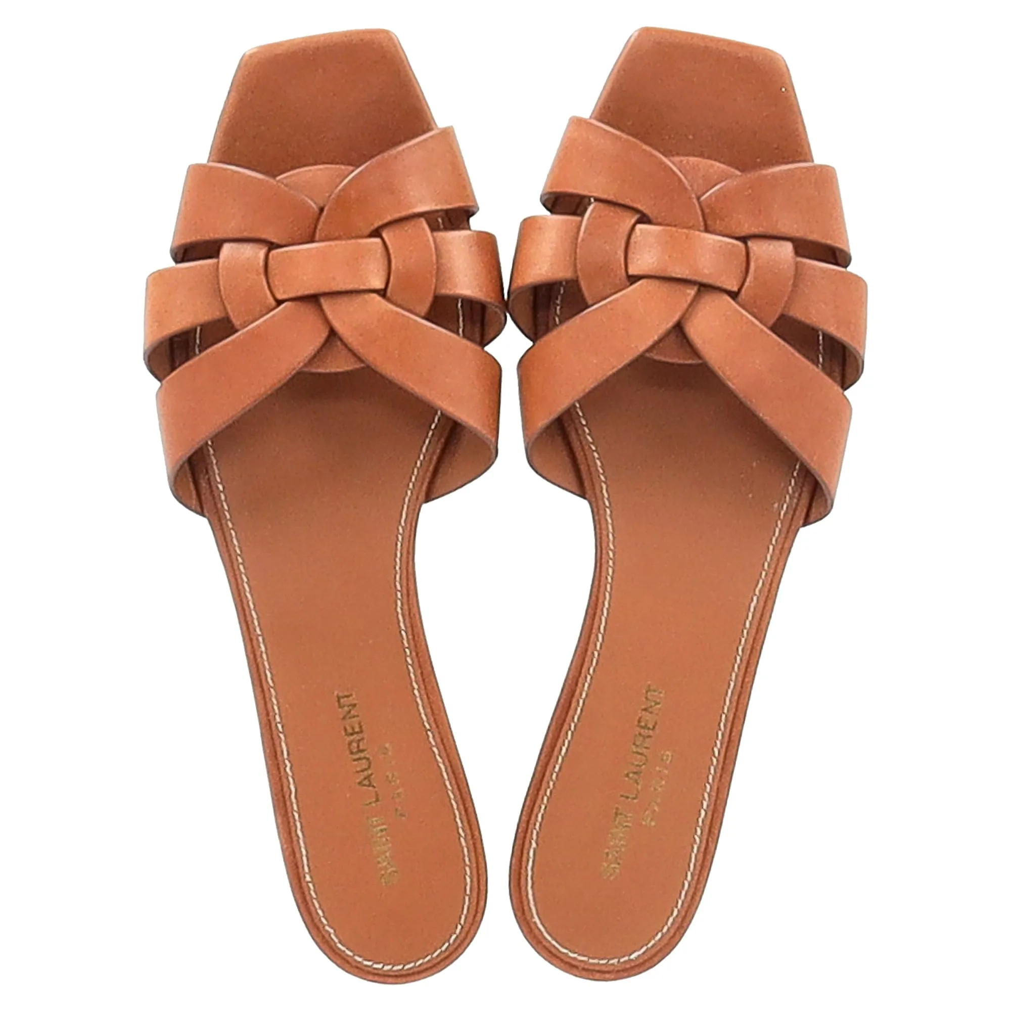 Saint Laurent Tribute Woven Slides in Brown Leather