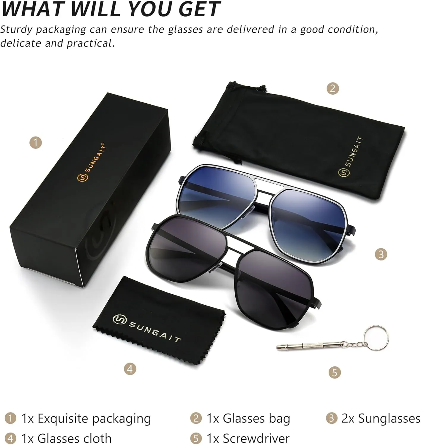 SUNGAIT Polygon Aviator Sunglasses for Men Polarized Trendy Square Sun Glasses Retro Pilot Shades UV Protection