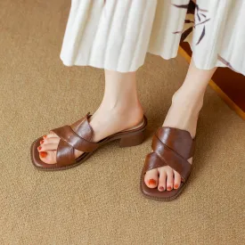 Womens Summer Crossover-Strap Square-Toe Block-Heel Mules Sandals