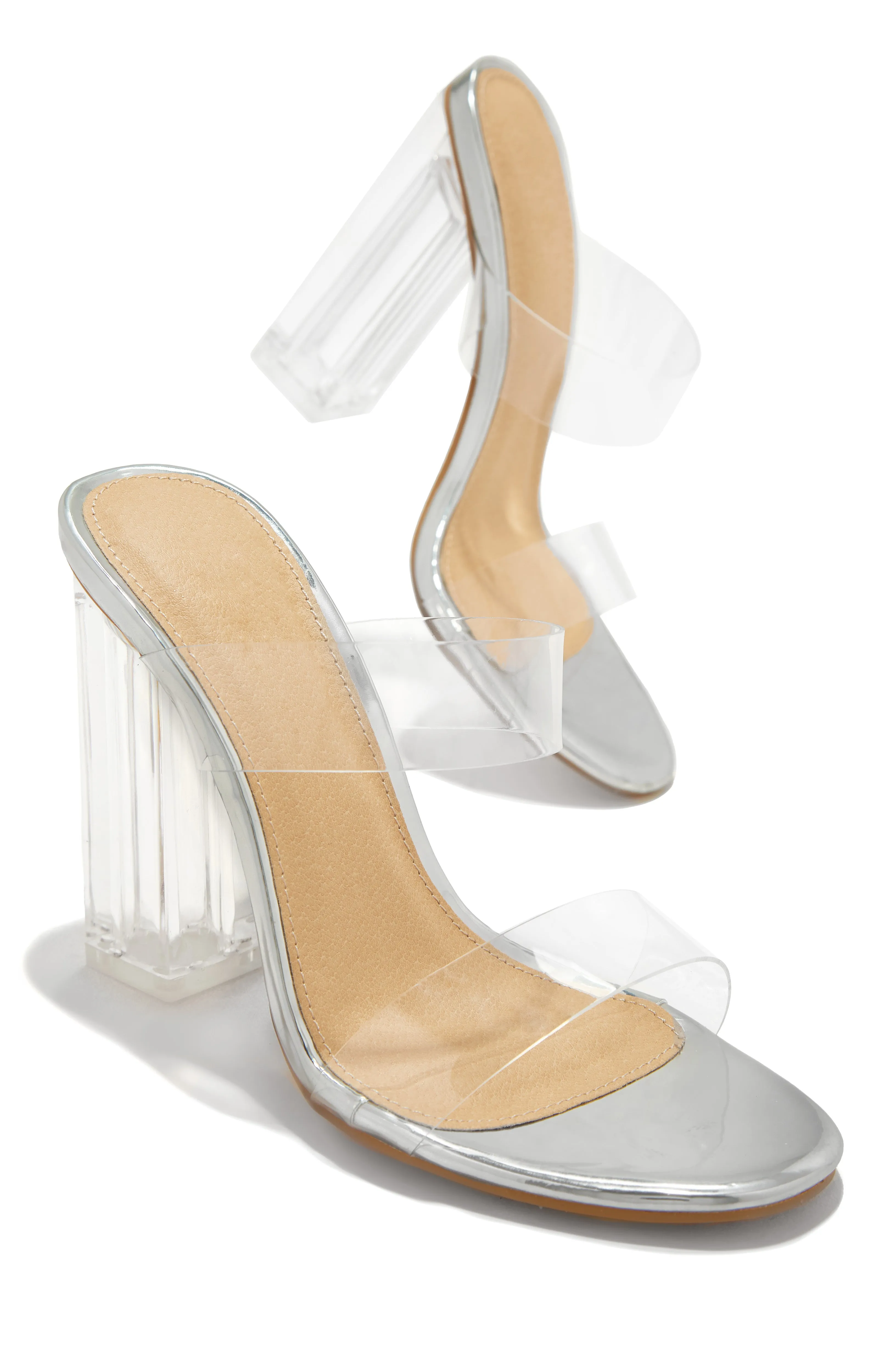 Your Next Date Clear Strap Block Heel Mules - Silver